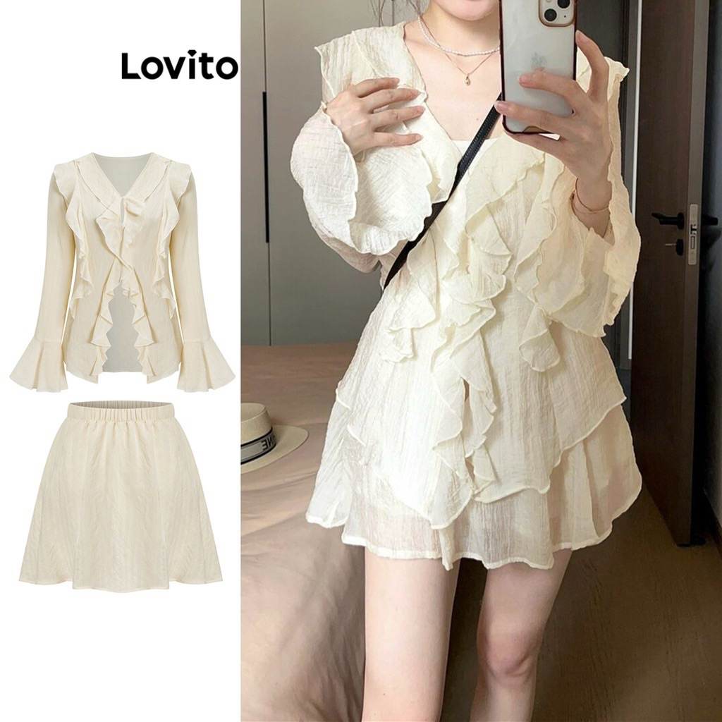 Lovito ชุดเซต เสื้อ กระโปรงกางเกงขาสั้น มีซับใน แต่งระบาย สีพื้น