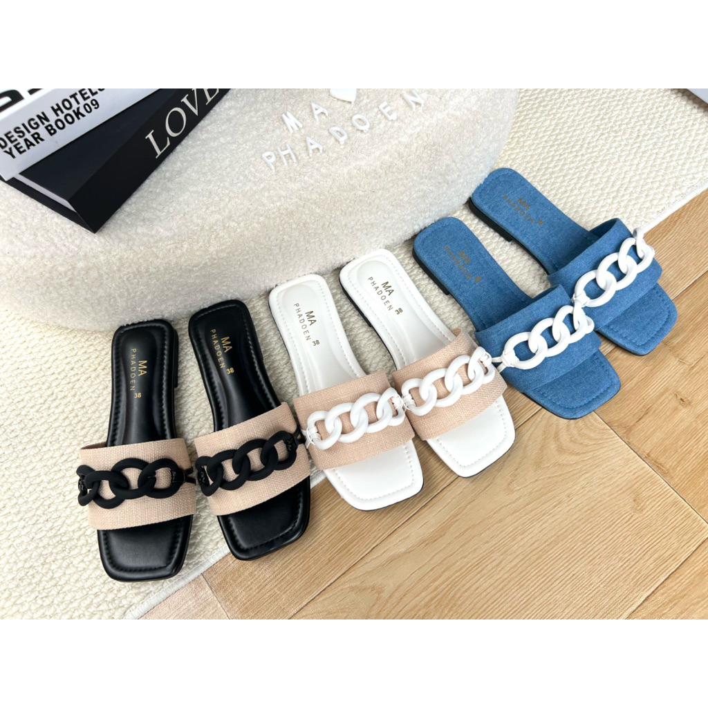 ⛓️‍💥Afashion⛓️‍💥รองเท้าแตะแฟชั่นผ้ากระสอบแต่งโซ่ใหญ่ เรียบ หรูมากค่ะ มีไซด์36-45 สินค้าพร้อมส่งนะคะ