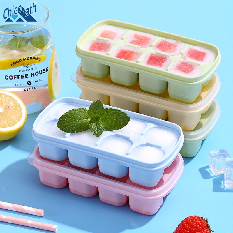 🎐Chicorath แม่พิมพ์ทำน้ำแข็งซิลิโคน 8 ช่อง กล่องใส่น้ำแข็งพร้อมฝาปิด ก้อนน้ำแข็งแยกได้ง่าย