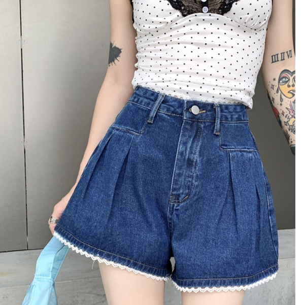 GHAOHES    กางเกงยีนส์สั้นเอวสูงดูผอมขอบลูกไม้ เมทร์ง่าย ใส่ทำงาน การออกแบบขากว้