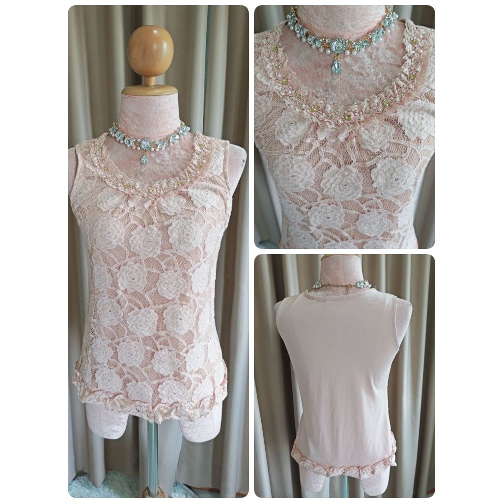 เสื้อกล้าม แบรนด์ Axes femme มือ 1 ของใหม่ สีชมพํประดับคริสตัสผ้าลูกไม้นูนดอกไม้สวยมากๆ💕แบรนด์ญี่ปุ่