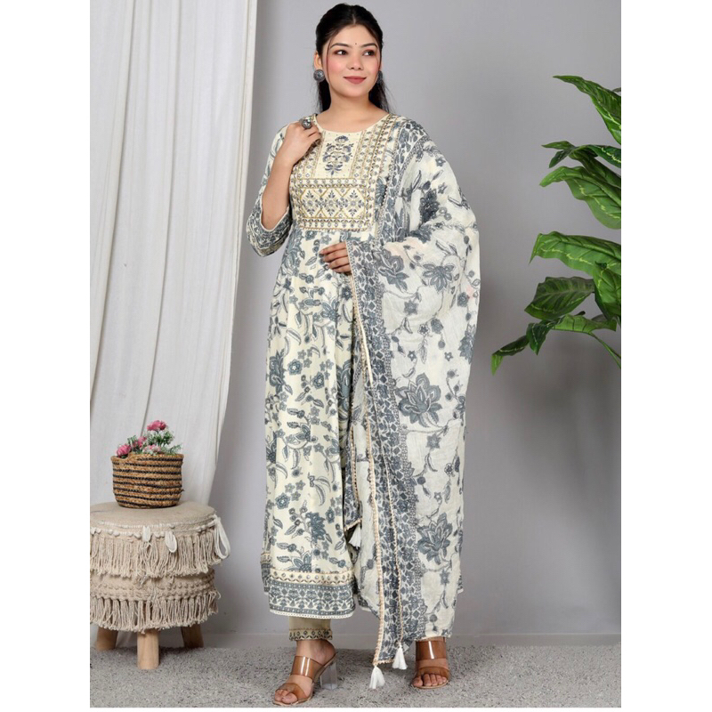Printing Gotta Patti & Mirror Work A-Line Kurta & Pants With ชุดกรูตี 3ชิ้น เสื้อ กางเกง ผ้าคลุมสินค