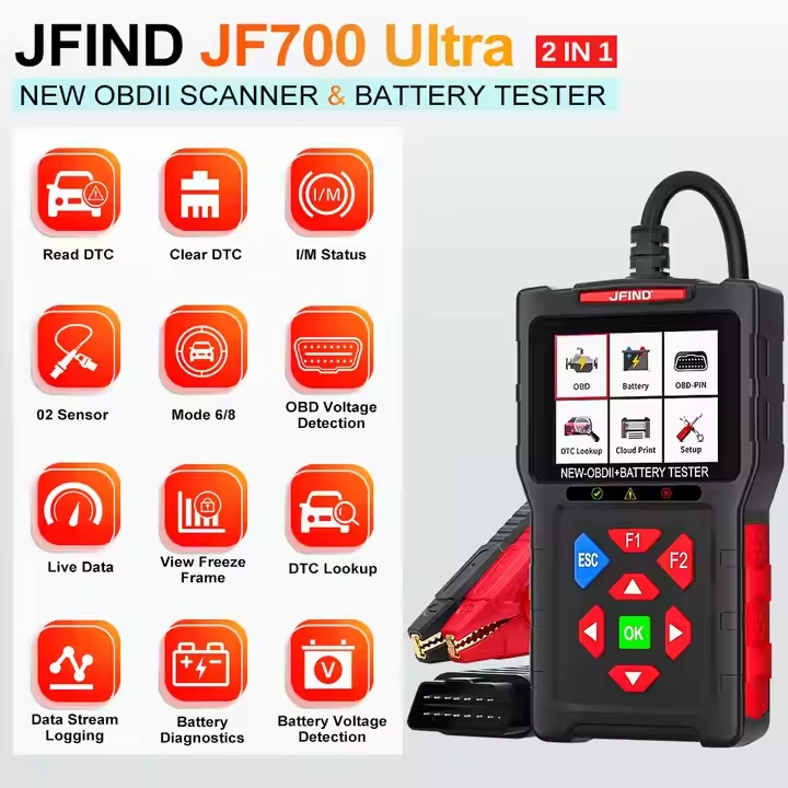 JFIND JF700 Ultra เครื่องสแกน OBD2 รถยนต์ อ่าน/ลบโค้ด + ทดสอบแบตเตอรี่ จอสี 2.8” รองรับไทย อัปเดตฟรี