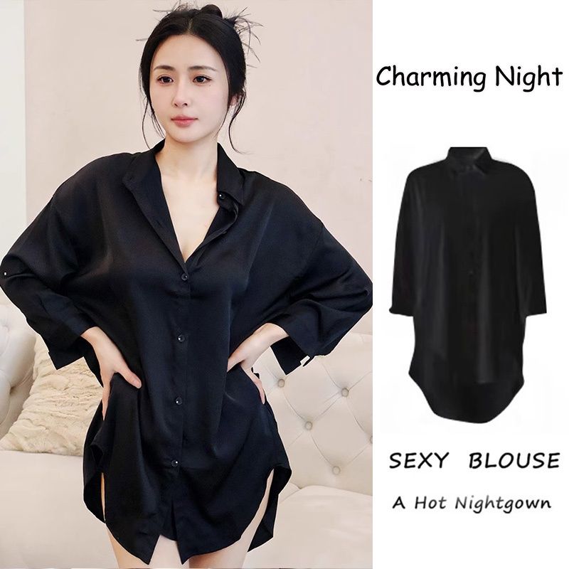 ⭐Charming Night⭐สีดำ เสื้อแฟน ผ้าไอซ์ซิลค์ เสื้อเชิ้ต ชุดอยู่บ้าน แขนยาว หลวม แบบใหม่ บาง สวมใส่สบาย ส่งไวจากไทย