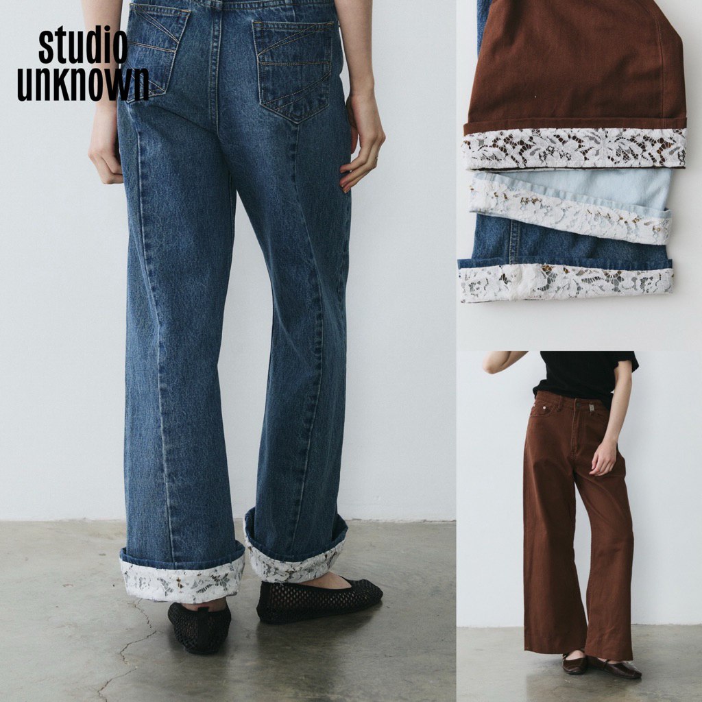 STUDIO UNKNOWN - Lace Straight Jeans กางเกงยีนส์ทรงกระบอกใหญ่ ตกแต่งดีเทลลูกไม้ปลายขา