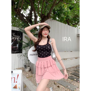 BY IRA ❤️พร้อมส่ง❤️ เสื้อกล้ามแขนกุด ลายจุดแต่งระบายลูกไม้ งานปักที่อก สุดน่ารัก