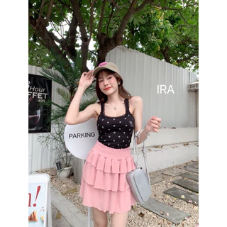 BY IRA ❤️พร้อมส่ง❤️ เสื้อกล้ามแขนกุด ลายจุดแต่งระบายลูกไม้ งานปักที่อก สุดน่ารัก