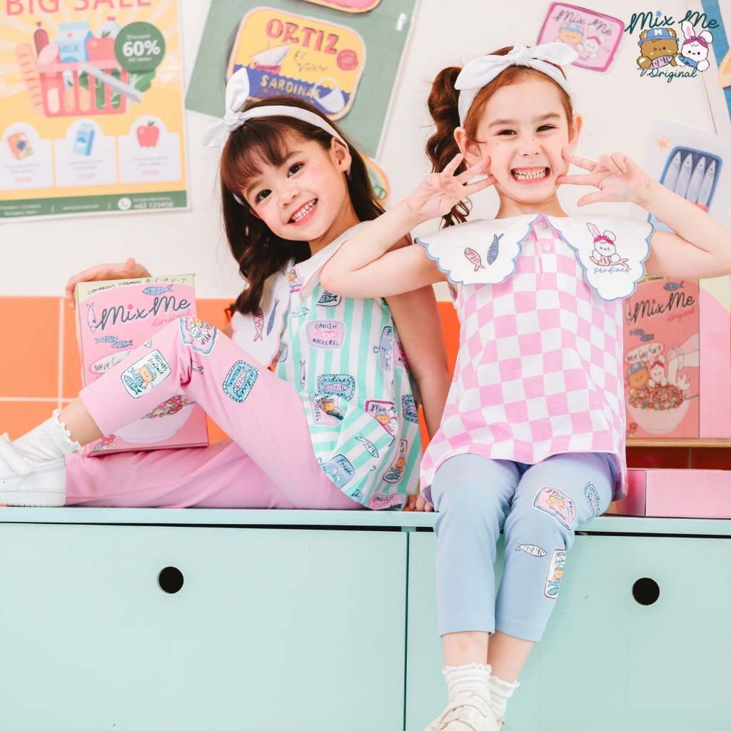 Mix Me เสื้อคอกลมปกแหลม แขนกุด กางเกงเลคกิ้ง ลายปลา ผ้า Cotton เด็กหญิง อายุ 1-7 ปี เสื้อผ้าเด็ก รุ่