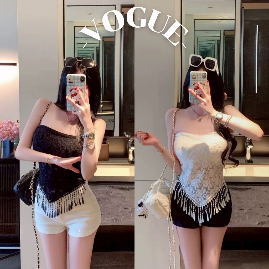 Vogue🌟พร้อมส่ง🌟 เสื้อเกาะอก เสริมฟองน้ำในตัว ถักไหมพรมสีขาวดำ (FY5525)