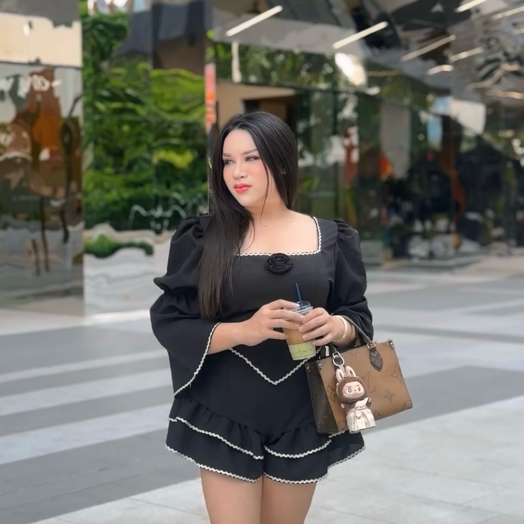Maharani - Charm Rose ชุดset สาวอวบ ผ้าสโนวลาติน - อก40-46“ - #S106setขอบดำ