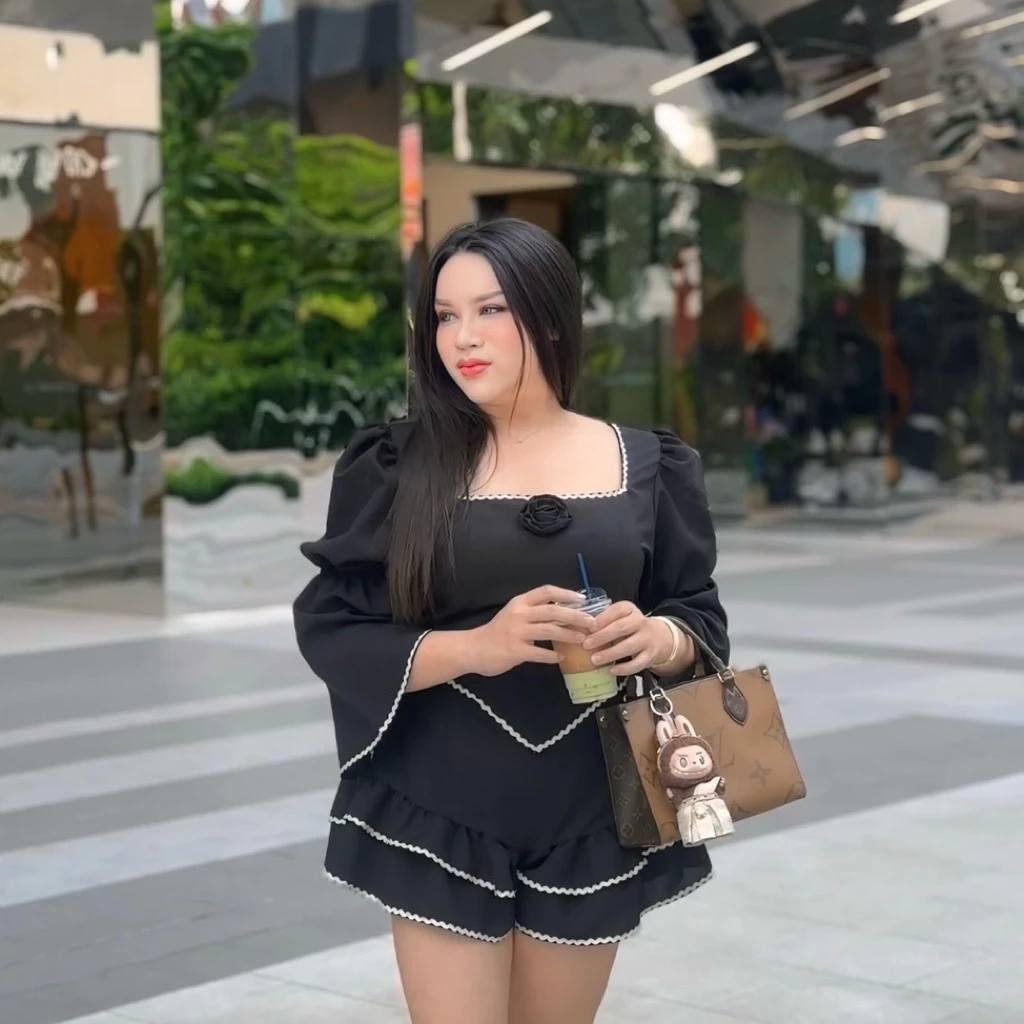 Maharani - Charm Rose ชุดset สาวอวบ ผ้าสโนวลาติน - อก40-46“ - #S106setขอบดำ