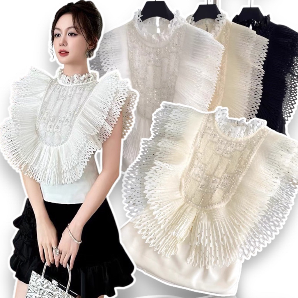 🦢พร้อมส่ง🦢เสื้อเชิ้ตลายฉลุแต่งระบายสวยหรูใส่ออกงานอลังการมากๆ