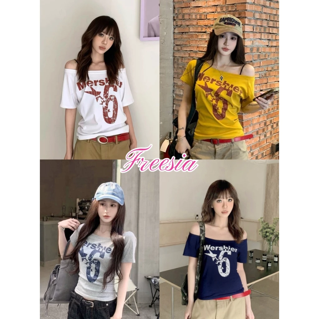 เสื้อยืดบาง เสื้อยืดปาดใหล่ คอกว้าง พิมพ์ลาย เนื้อผ้านิ่ม#92320