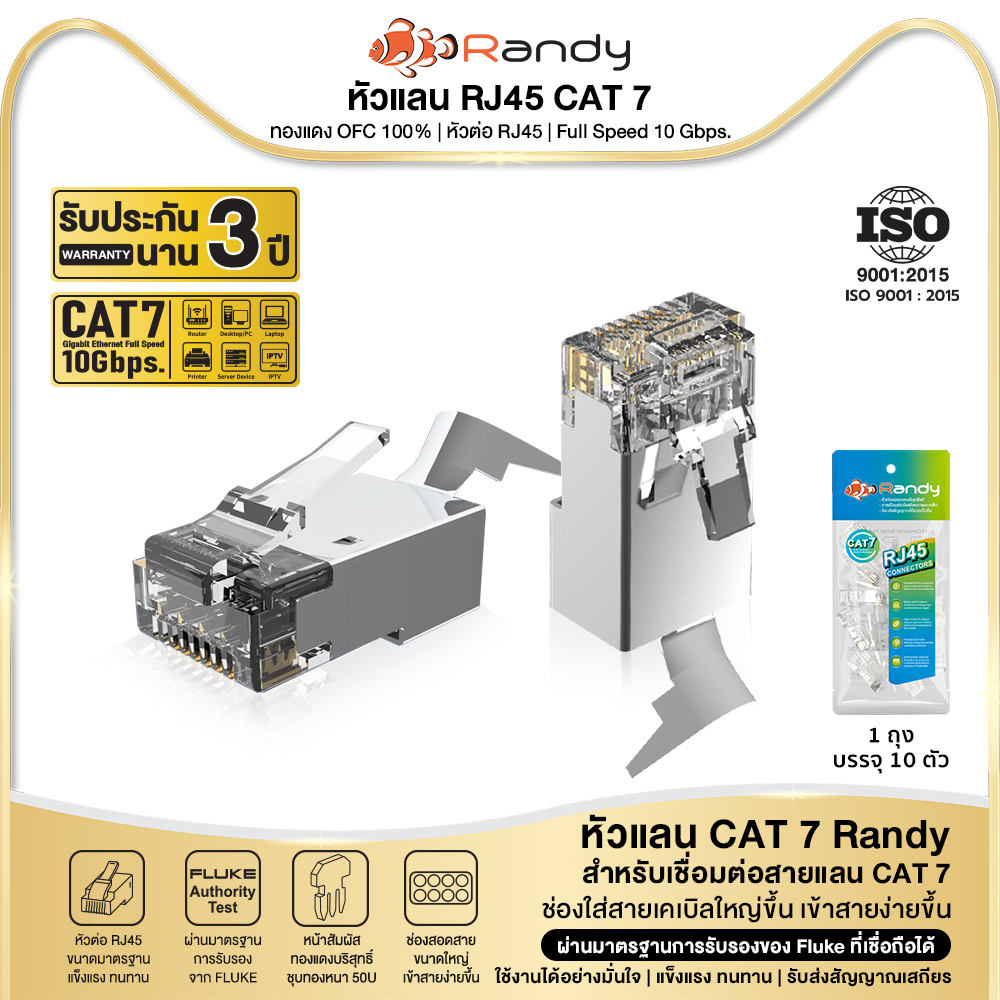 RANDY แท้Cat7หัวRJ45 มีชีลด์ ป้องกันรบกวน รองรับ10Gbps ผ่านFluke ใช้กับสายทองแดง23AWGแข็งแรงไม่เปราะ