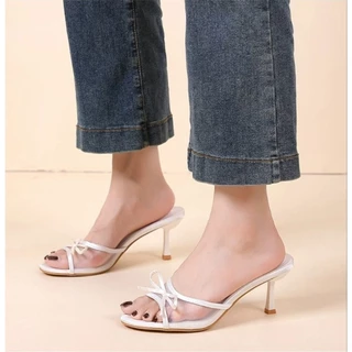 👡24h.พร้อมส่งในไทย🎀รองเท้าส้นสูง7cm🥳สาดคาดตาข่าย🔆มีโบว์🎀 แฟชั่น เที่ยว ออกงาน🎉 สีขาว/ดำ X