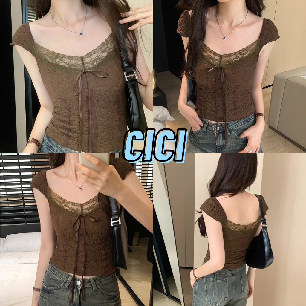 ส่งทันที Cici(NO. J2165) เสื้อยืดแขนสั้นสีน้ำตาล คอวี อกแต่งลูกไม้น่ารัก ใส่สบาย ดีเทลเชือกผูกหน้าอก สไตล์เกาหลี