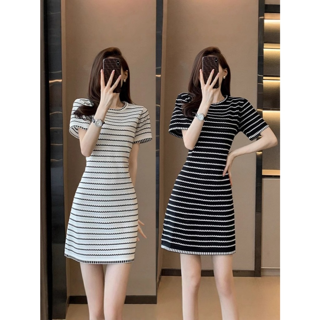 MQzz4289 *พร้อมส่ง* ชุดเดรสแขนสั้น ลายทาง เดรสผู้หญิง ผ้าไหมพรม งานเข้ารูป Freesize