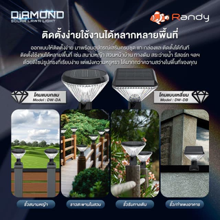 RANDY SolarLawnLightโคมไฟหัวเสาโซล่าเซลล์ ปรับแสงได้3สี กันน้ำIP65 ประกัน2ปี ใช้งานได้นานตลอดทั้งคืน