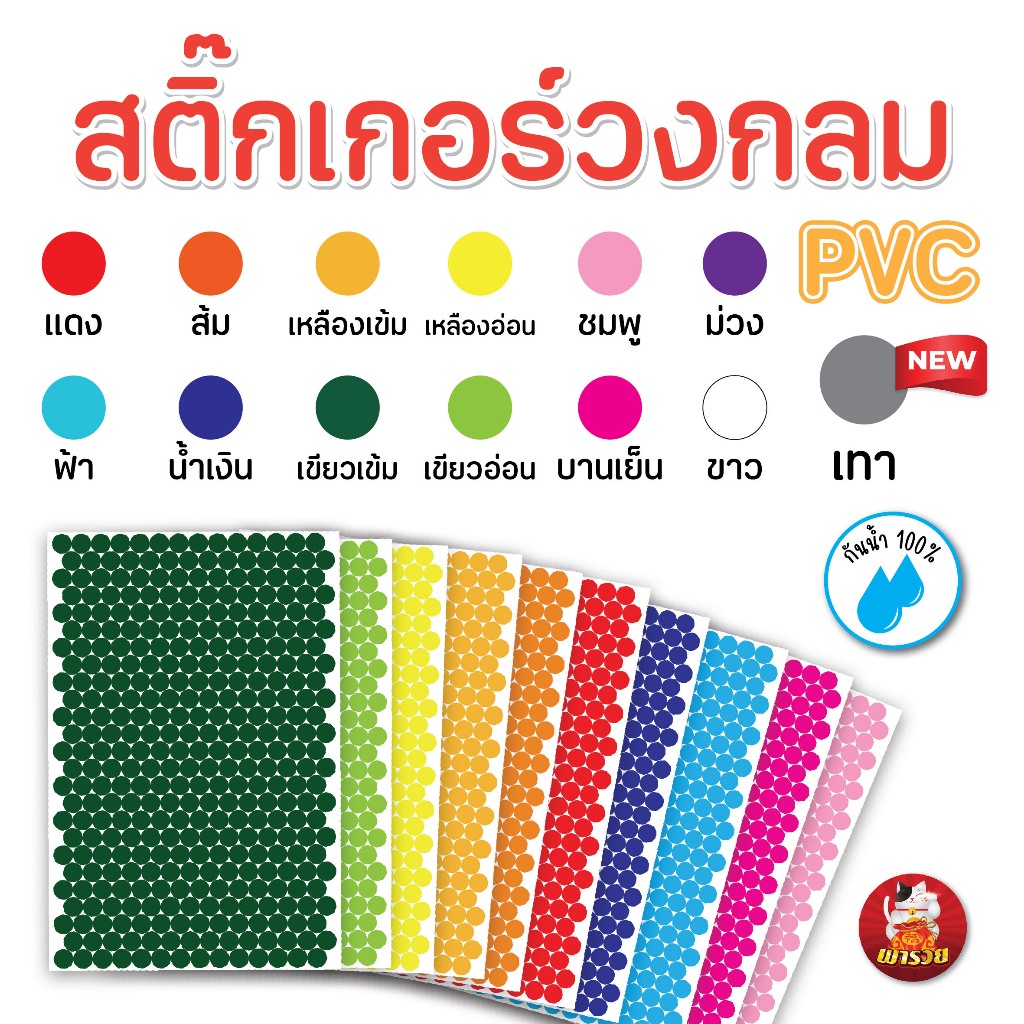 (ขายปลีก) สติ๊กเกอร์วงกลม สติ๊กเกอร์จุดสี (12สี) PVC กันน้ำ 100% สติ๊กเกอร์คัดกรอง (รบกวนสั่งขั้นต่ำ 5 แผ่น)