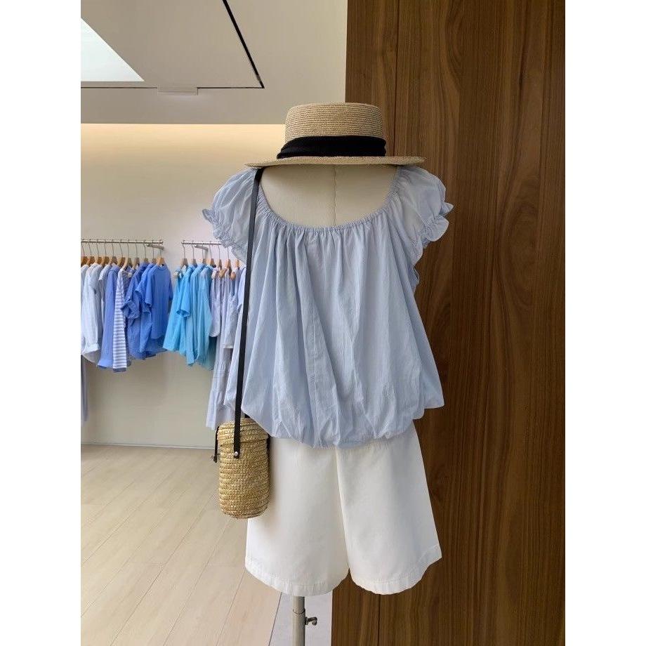 LUNA~เวอร์ชั่นเกาหลี ปลอกคอสแควร์ ผูกขึ้น แขนสั้น เสื้อเชิ้ต สไตล์ใหม่ สไตล์หวาน - รูปที่ 2