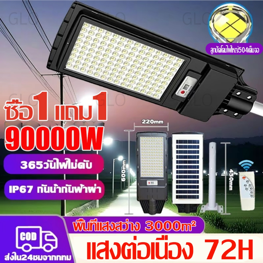 ซื้อ 1 แถม 1 โซล่าเซลล์ ไฟถนน 100000W ไฟโซล่าเซลล์ IP67 กันน้ำและกันฟ้าผ่ LED Solar Light แสงสีขาว ระบบเซนเซอร์