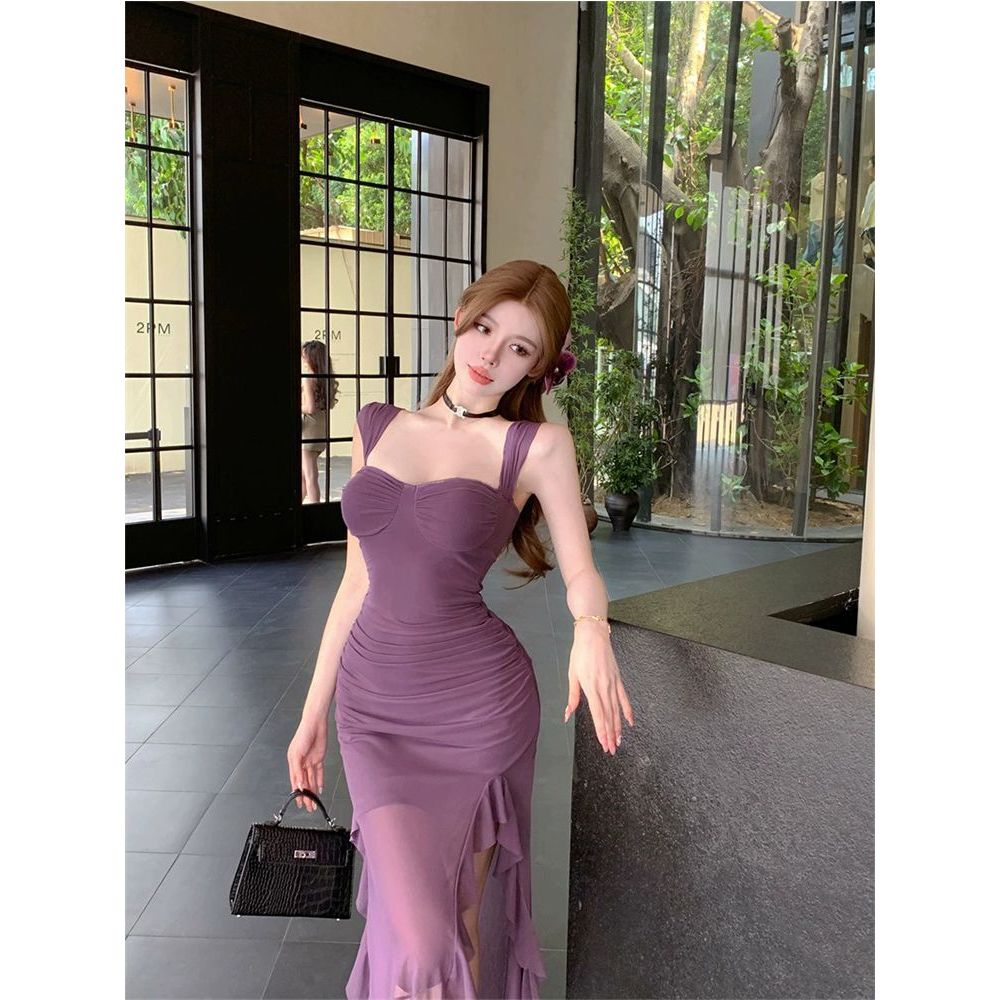 ชุดเดรสยาวเปิดไหล่ผ่าข้าง สีม่วง สไตล์เกาหลี ใส่ไปปาร์ตี้ ดินเนอร์ ถ่ายรูป ชุดออกงานหรูหรา เซ็กซี่เบาๆ 2025 - รูปที่ 6