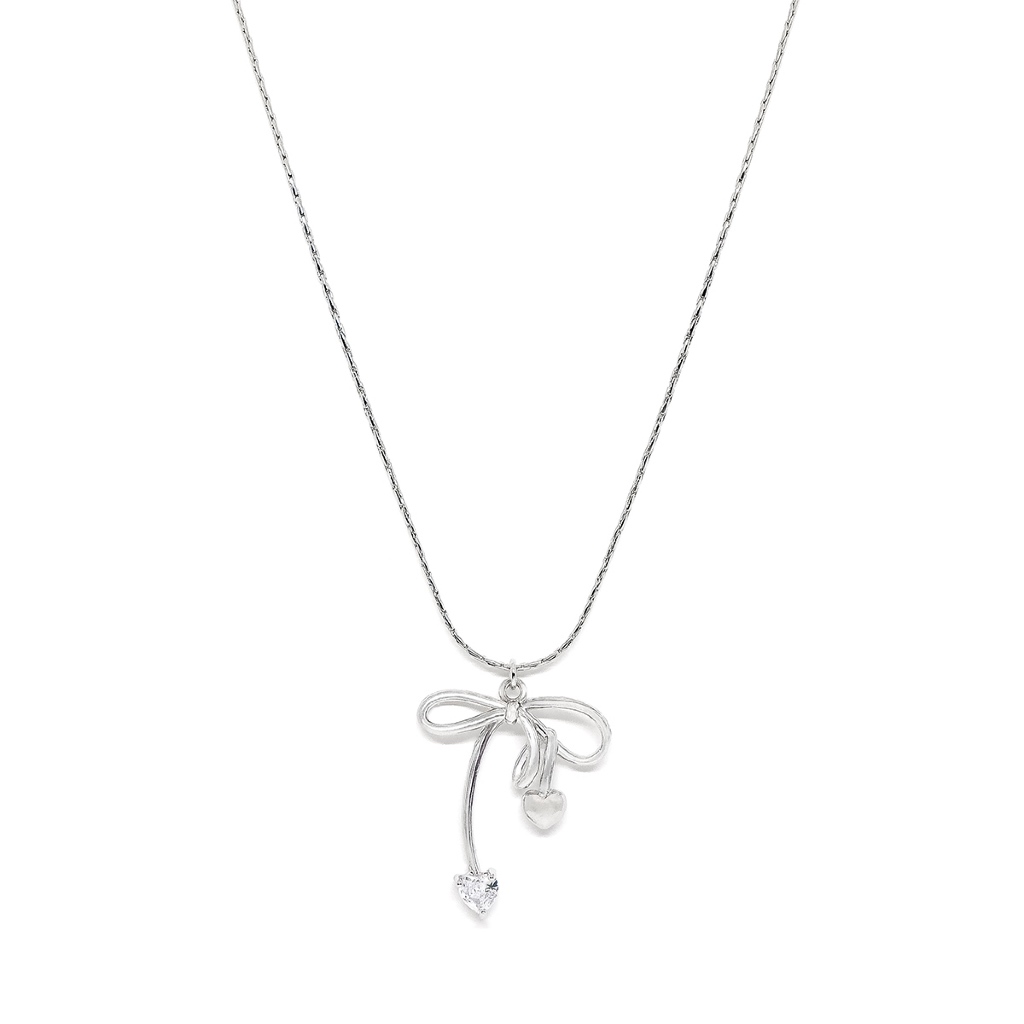 Fyne Fories Swoon Necklace ♡ สร้อยคอเส้นเรียบประดับโบว์ทรงพลิ้ว ปลายหัวใจ ดีเทลเล็กๆ♡ fynefories