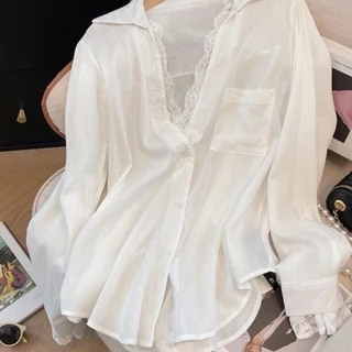 [Sheing office]🌟พร้อมส่ง🌟เสื้อเชิ้ตสไตล์เกาหลี ผ้าไหมอิตาลี ใส่สบาย แต่งลูกไม้แขนยาวกระดุมหน้า