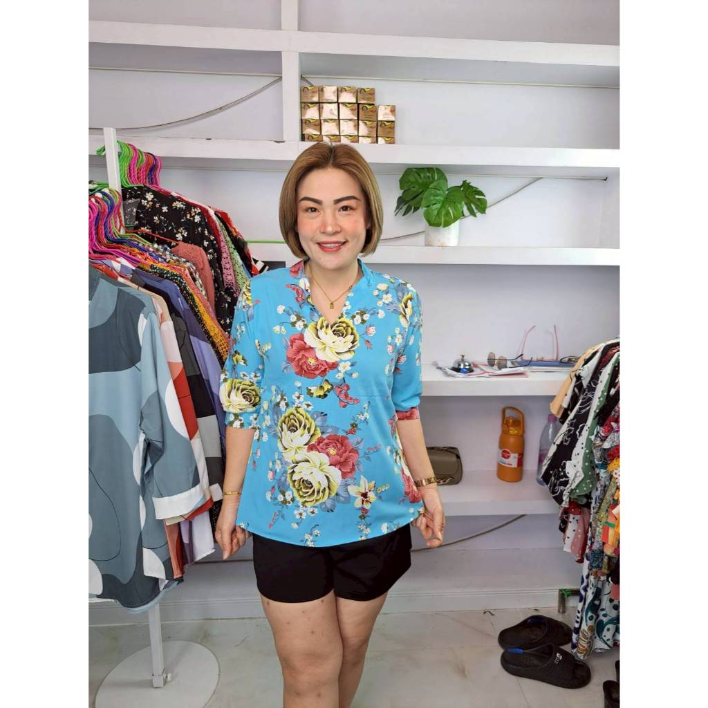 A1///เสื้คออจีนแขนศอกดอกกุหลาบผ้าไหมอิตาลี ฟรีไซ38-42นิ้ว ยาว24นิ้ว หน้าผ้า42นิ้ว ราคา119บาท