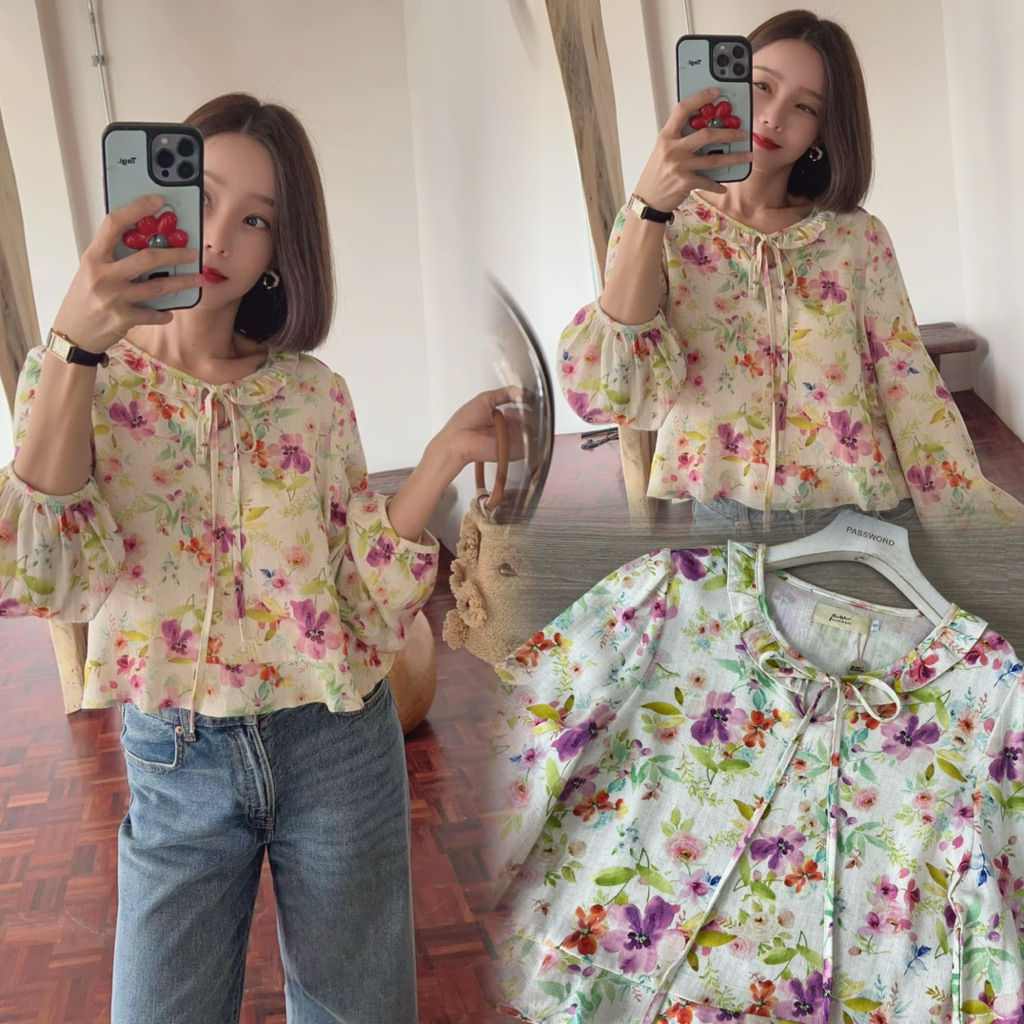 Password  6249 •เสื้อแขนยาวผ้าลินินลายดอกไม้