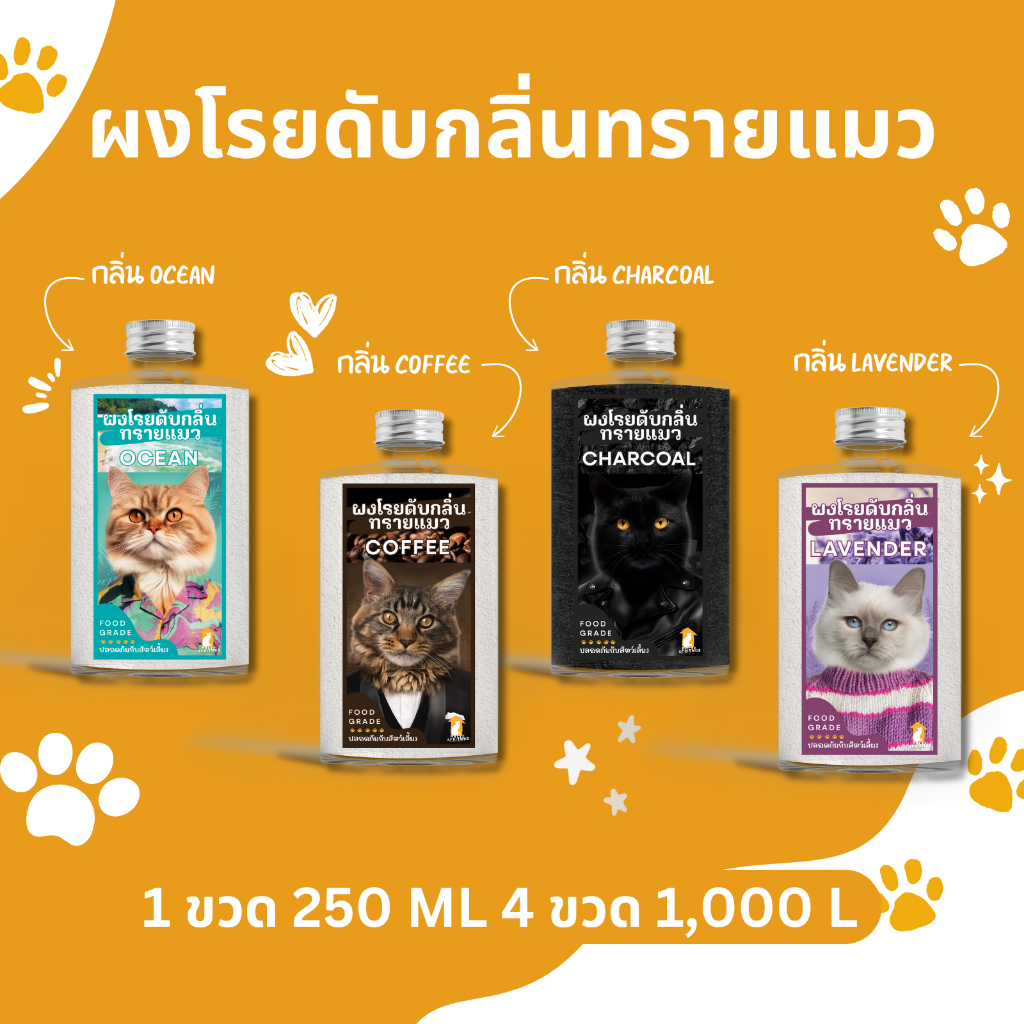 ผงโรยดับกลิ่นทรายแมว ใช้ได้กับทรายแมว ห้องน้ำแมวทุกชนิด 1 ขวด ขนาด 250 มล.