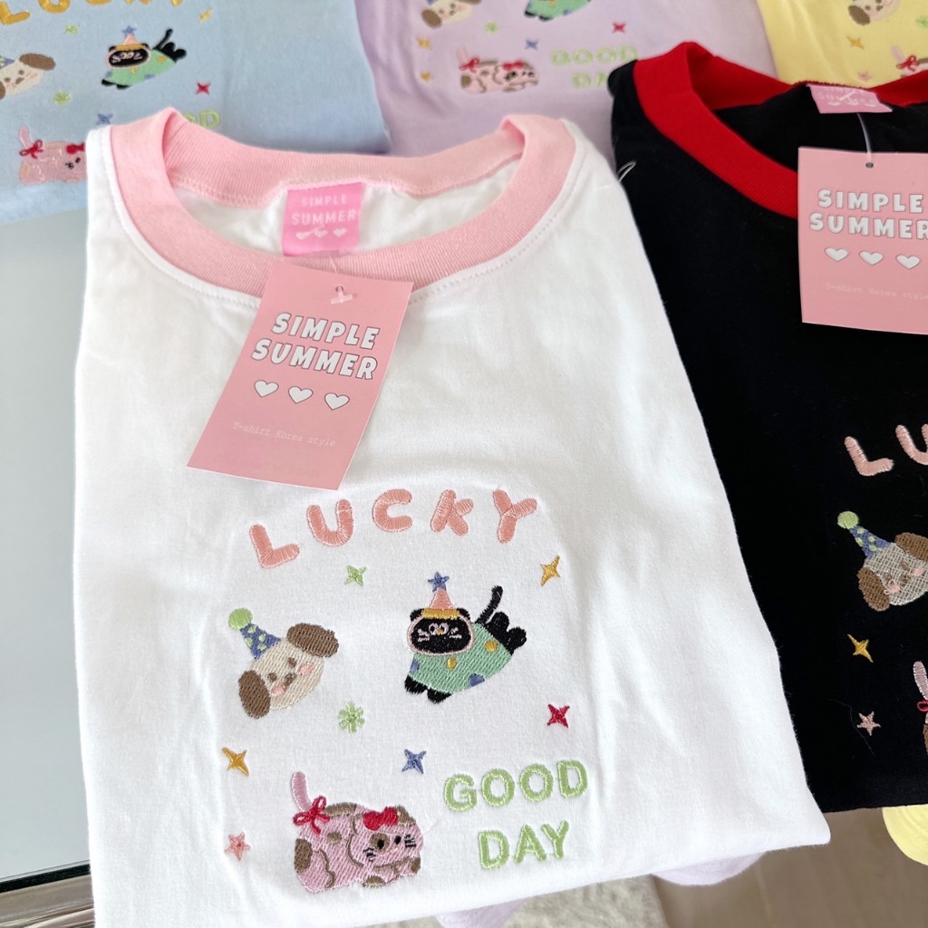 (อก44"ยาว27") S352 เสื้อยืด oversize ผ้าคอตตอน คอสี ปัก lucky good day