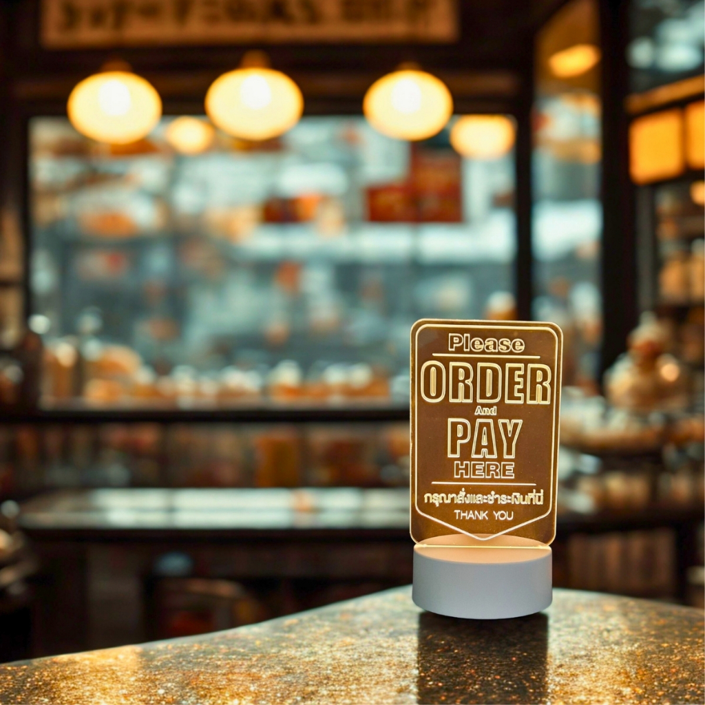 ป้ายมินิมอล ป้ายไฟ มี 2 แบบ order&pay here และ pickup here ป้ายคาเฟ่ order-ac-light01