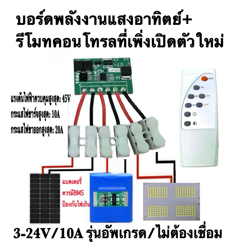 บอร์ดวงจรควบคุมพลังงานแสงอาทิตย์อัตโนมัติ 3.2V-28V/10Aพร้อมรีโมท