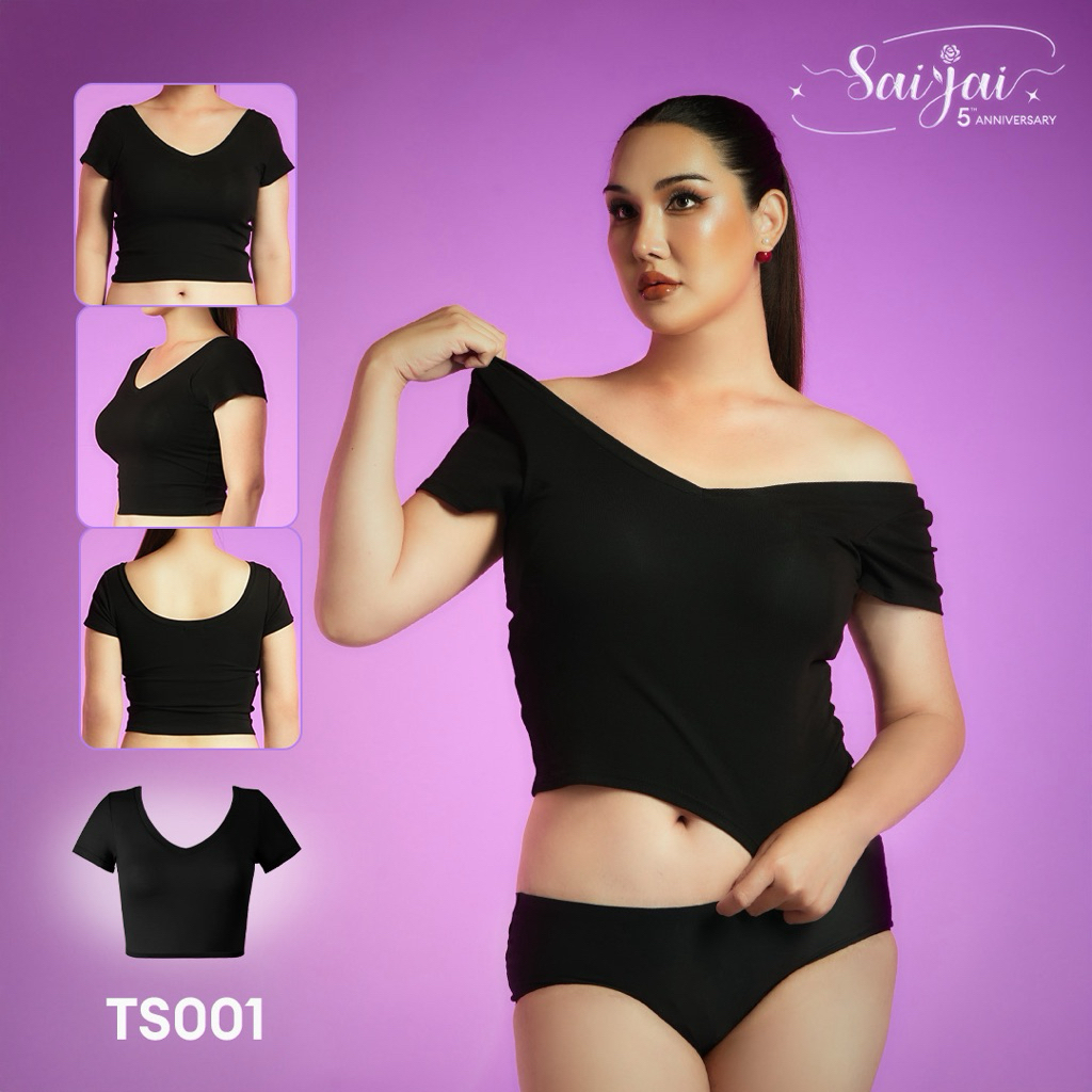 TS01 เสื้อยืดคอ V หลังเว้า U พร้อมบราในตัว  #TS01