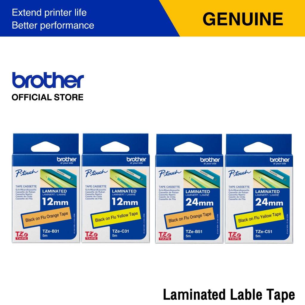 Brother Label Tape TZE Fluorescent เทปพิมพ์อักษร เคลือบพลาสติก เคลือบลามิเนต สีสะท้อนแสง ขนาด 12–24 