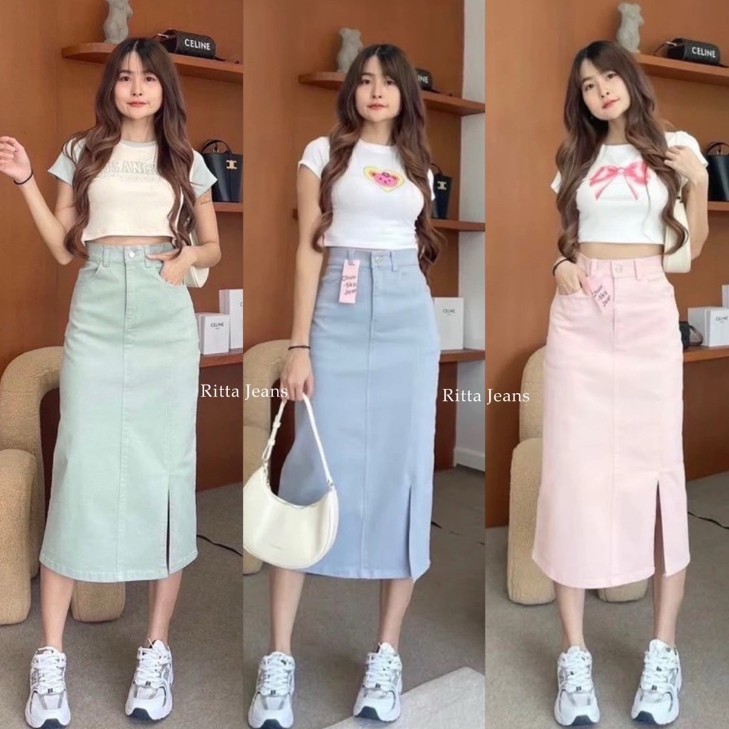 RittaJeans กระโปรงยาว ผู้หญิง ผ่าข้าง  ผ้ายีนส์ยืด เกาหลีสุดๆ (S-IN)