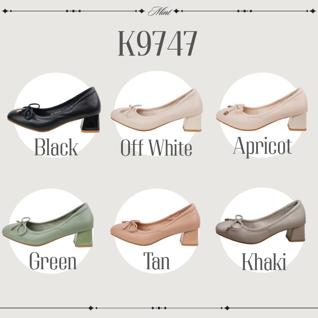 สินค้าพร้อมส่ง รหัสสินค้า K9747รองเท้าคัทชูปลายมน หน้าประดับโบว์ ส้นก้อน 2 นิ้ว