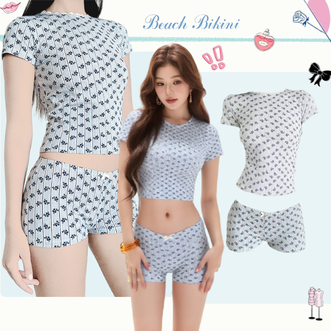 🌸Beach Bikini🌸แฟชั่นชุดว่ายน้ำ ชุดเสื้อยืดลายดอกไม้ + กางเกงขาสั้น 2 ชิ้น สไตล์ไทย ใหม่ summer Beach