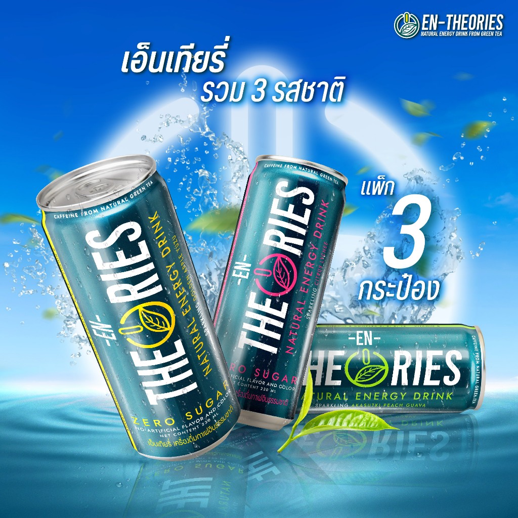 EN-THEORIES เอ็นเทียรี่ Energy drink จากธรรมชาติ กาเฟอีนจากชาเขียว zero sugar ขนาด230มล. แพ็ครวมรสชาติ 3 กระป๋อง