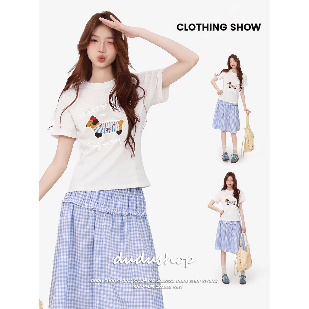 [Can be worn as a tube top]กระโปรงเอวสูงลายสก็อตสีฟ้าสไตล์เกาหลีหวานๆ ไม่ซ้ำใครสำหรับผู้หญิงในช่วงฤดูร้อนปี 2025