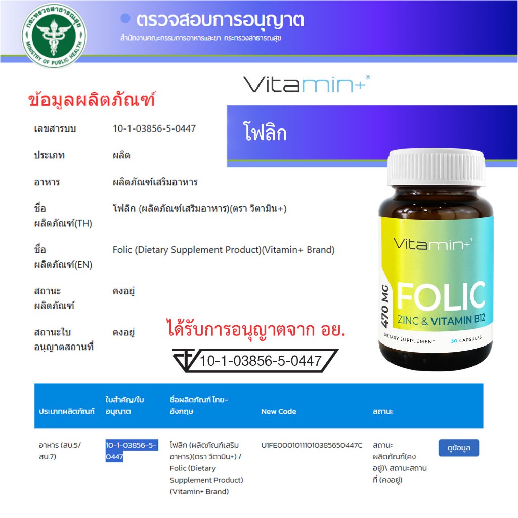 โฟลิก x 1 ขวด วิตามินพลัส Folic Vitamin+ วิตามิน+ วิตามินบี9 Vitamin B9 โฟลิค ซิงค์ Zinc - รูปที่ 3