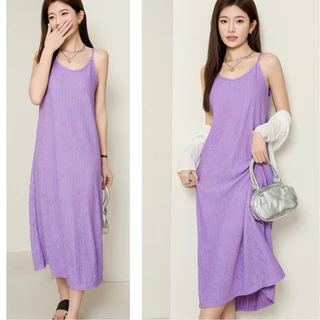 [W0202] เดรสยาว เดรสสายเดี่ยว ทรงหลวม ผ้านิ่มๆยืดได้ใส่สบาย แต่งลายริ้ว สีพื้นมินิมอล แมทช์ง่าย