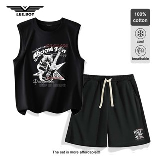 แฟชั่นสำหรับผู้ชาย เสื้อกั๊ก สกรีนลาย เสื้อแขนกุด+กางเกงขาสั…