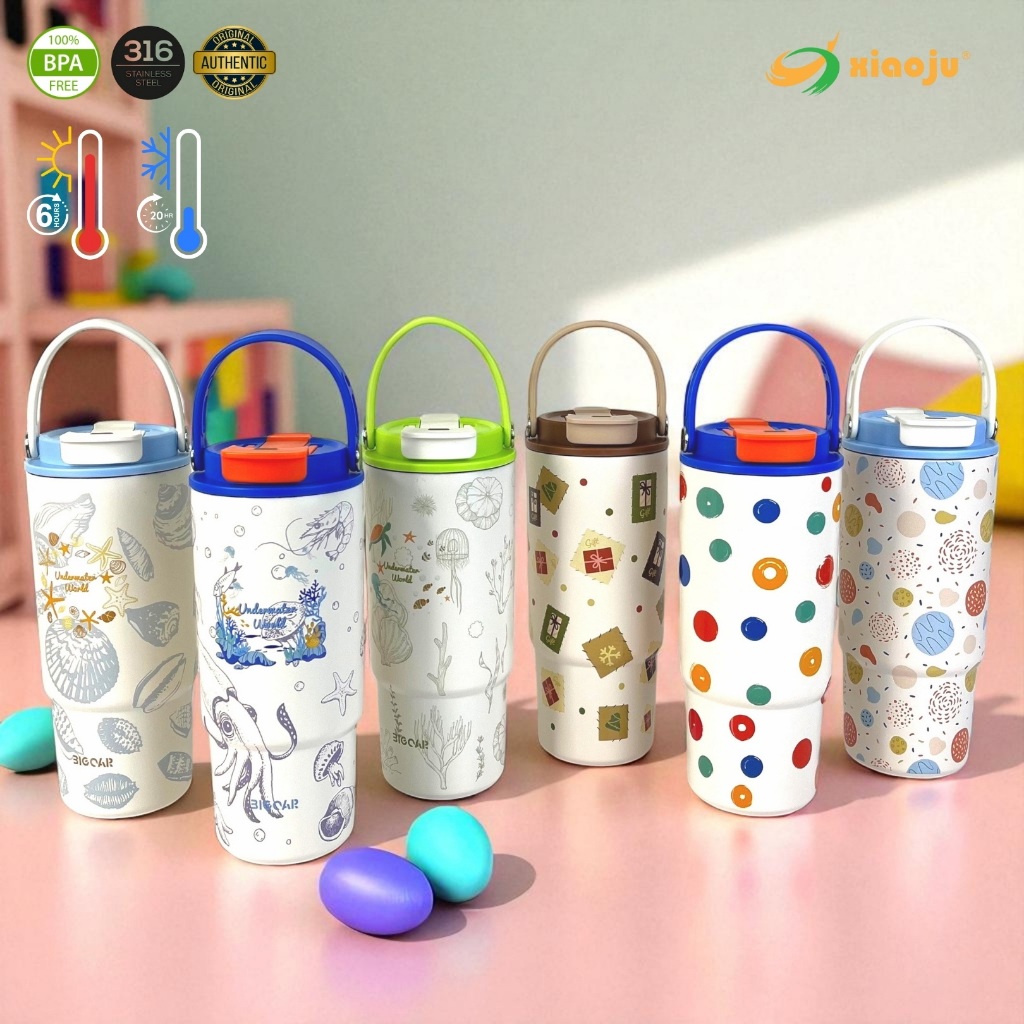 XIAOJU แก้วเก็บความเย็นซับในเซรามิก ลายโอเชียน พร้อมแท่งกรองชา ขนาด 880ML ซับในอีกชั้นด้วย SUS316L