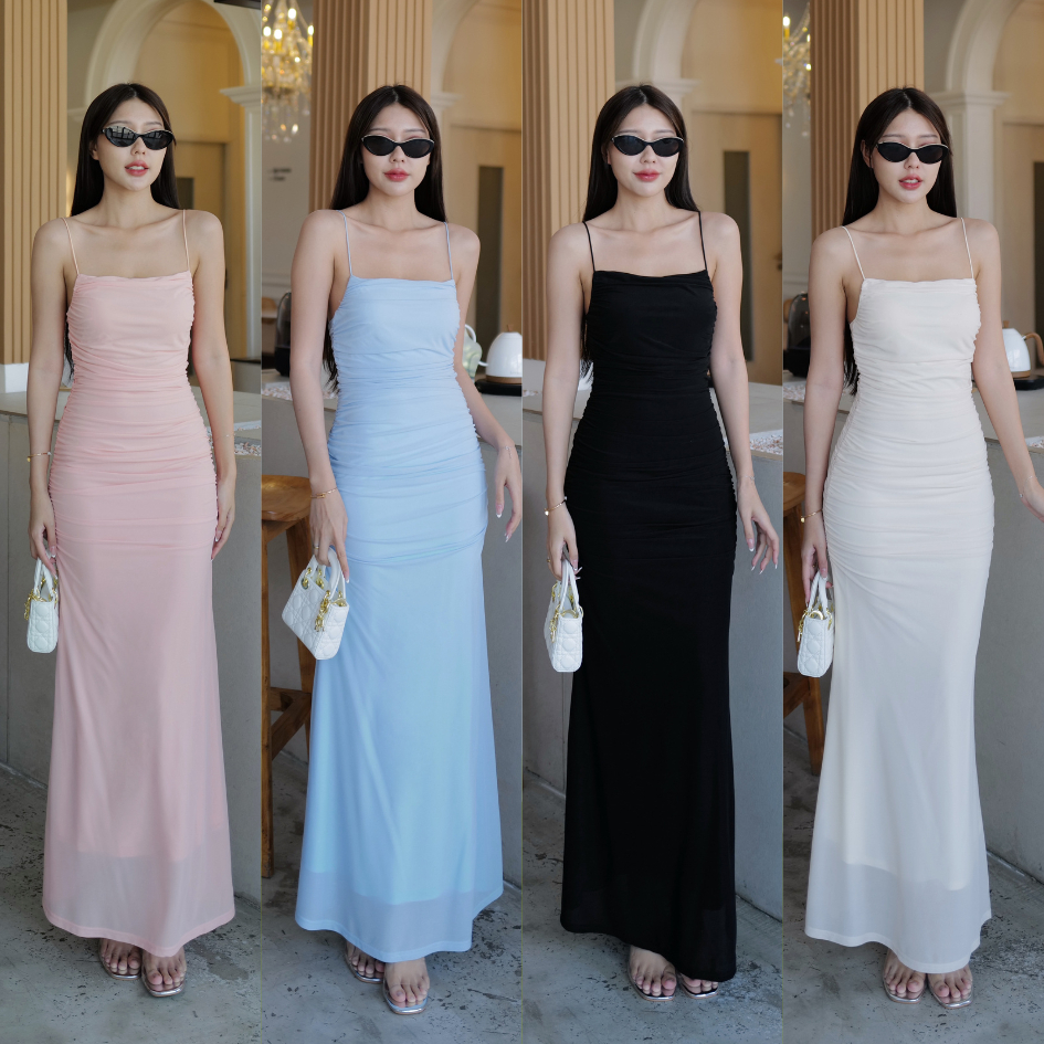 INTUON #9829 (INT2L)​ ชุดเดรสสายเดี่ยวยาว ผ้าชีทรูนิ่ม มีซับใน มีชิป หรูมากๆ แต่งจับจีบข้างๆตัว สายย