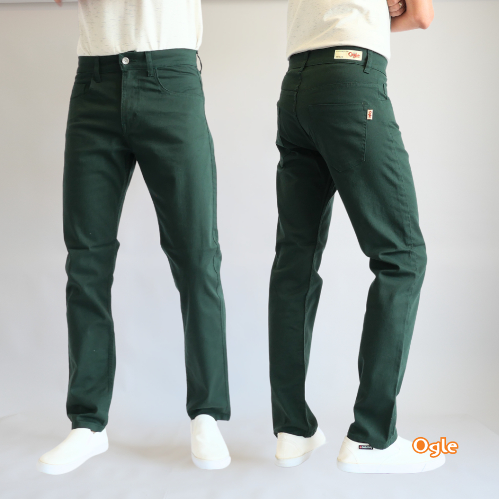 กางเกงขายาวชิโน่ ผ้าฟอกนุ่ม  ทรงกระบอกเล็ก สีเขียว