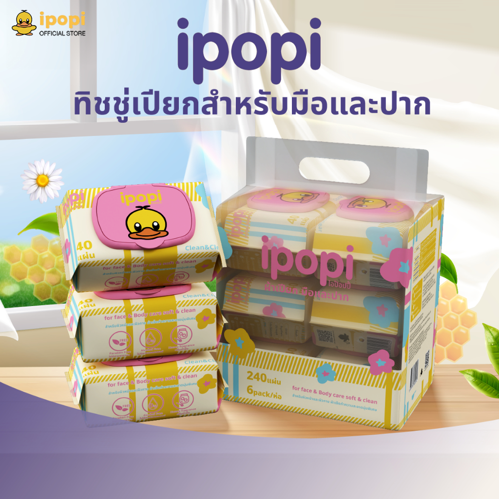 ipopi honey wipes ทิชชู่เปียก ผ้าเปียก (6 แพ็ค มี 36 ห่อ) 40 แผ่น / ห่อ เนื้อเหนียวนุ่ม สูตรอ่อนโยน ปราศจากแอลกอฮอล์