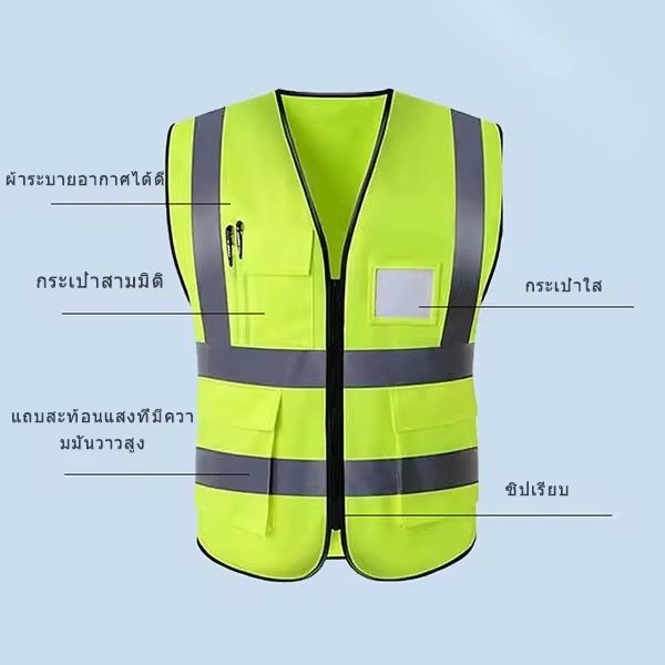 เสื้อกั๊กจราจร เสื้อสะท้อนแสง  เสื้อชูชีพ สะท้อนแสง ทัศนวิสัยสูง มีกระเป๋า เสื้อกั๊กทำงาน เสื้อกั๊กเตือน  ซักได้ - รูปที่ 7