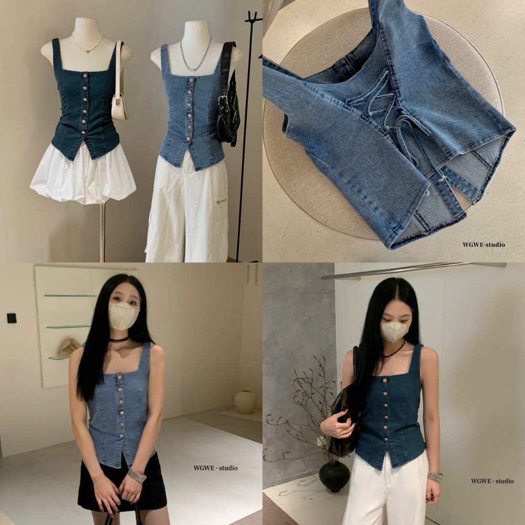 [ 5581 ] เสื้อกล้ามยีนส์กระดุมสีทอง ด้านหลังผูกโบว์ไขว้เก็บเข้าทรงมากขึ้น ป้าย wgwe